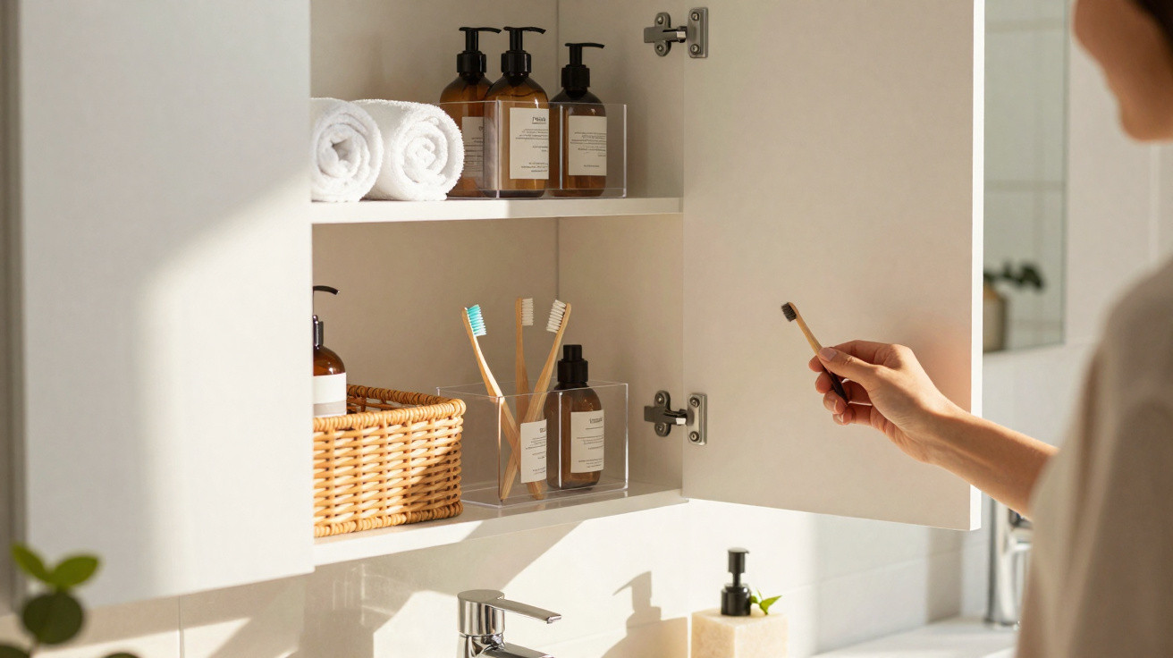 Open bathroom cabinet with toiletries, towels, and a person holding a wooden toothbrush in natural light.