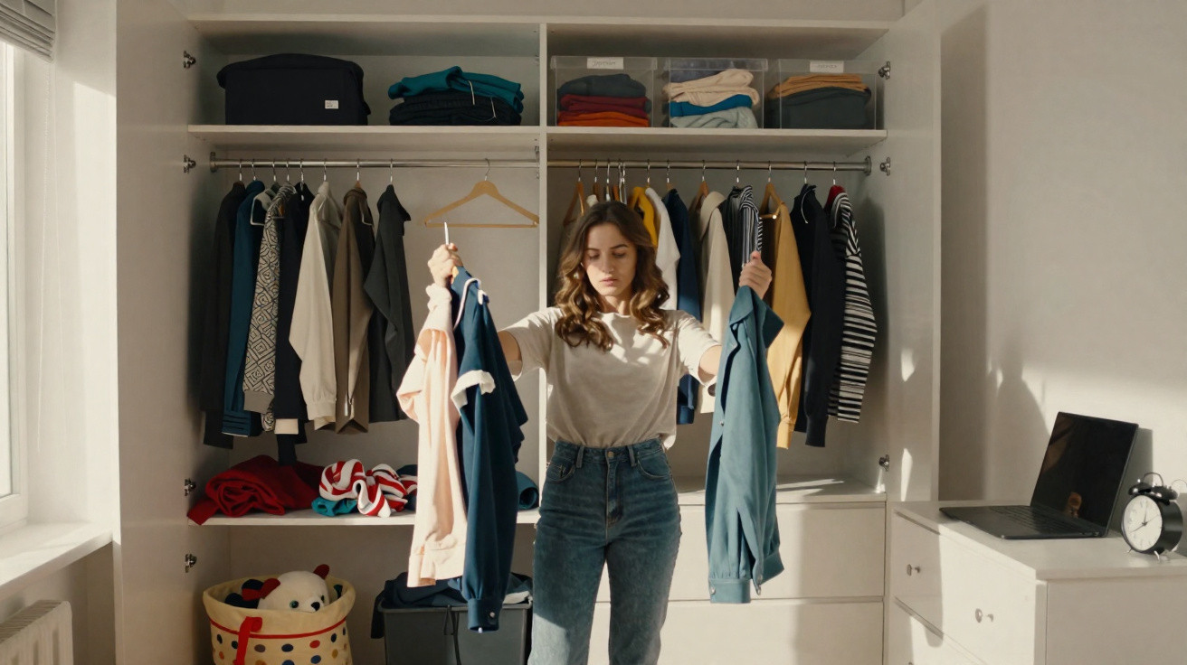 Woman standing in front of an open wardrobe holding two pieces of clothing while deciding what to wear.