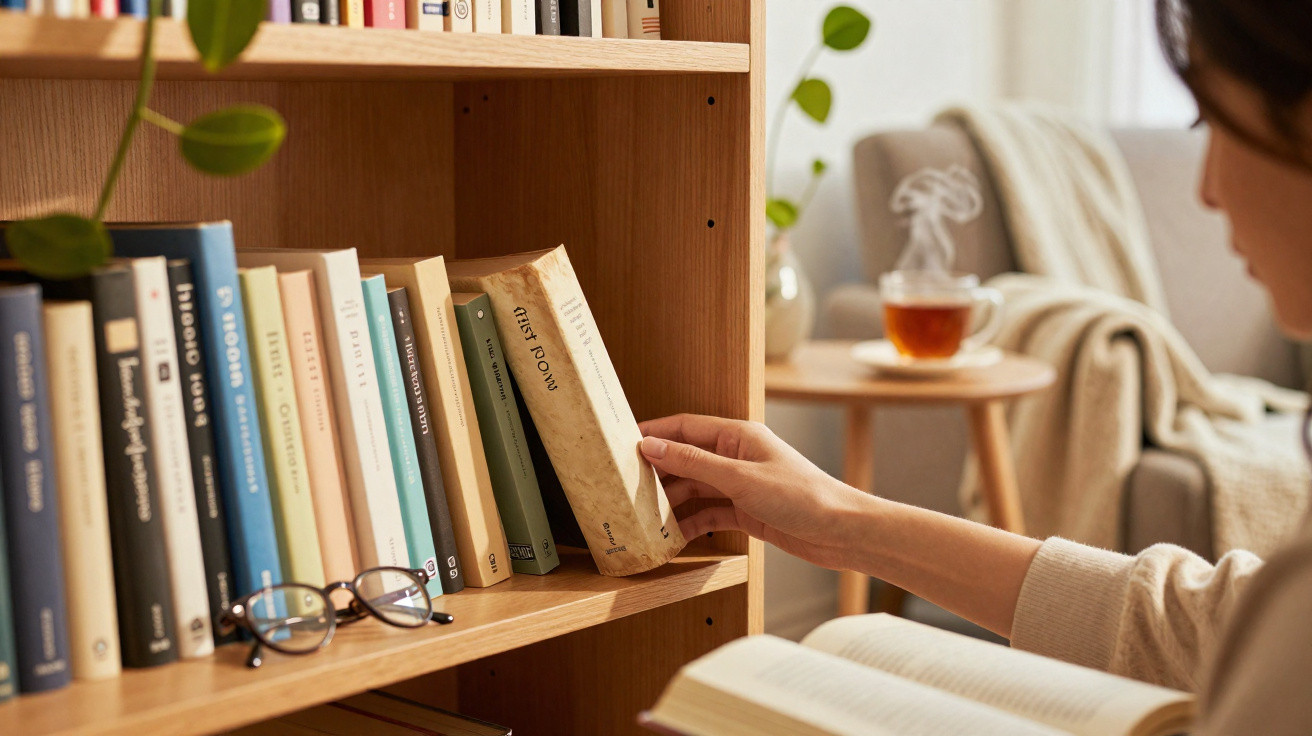 Person pulling a book from a wooden bookshelf with glasses on the shelf and a steaming tea cup in the background.