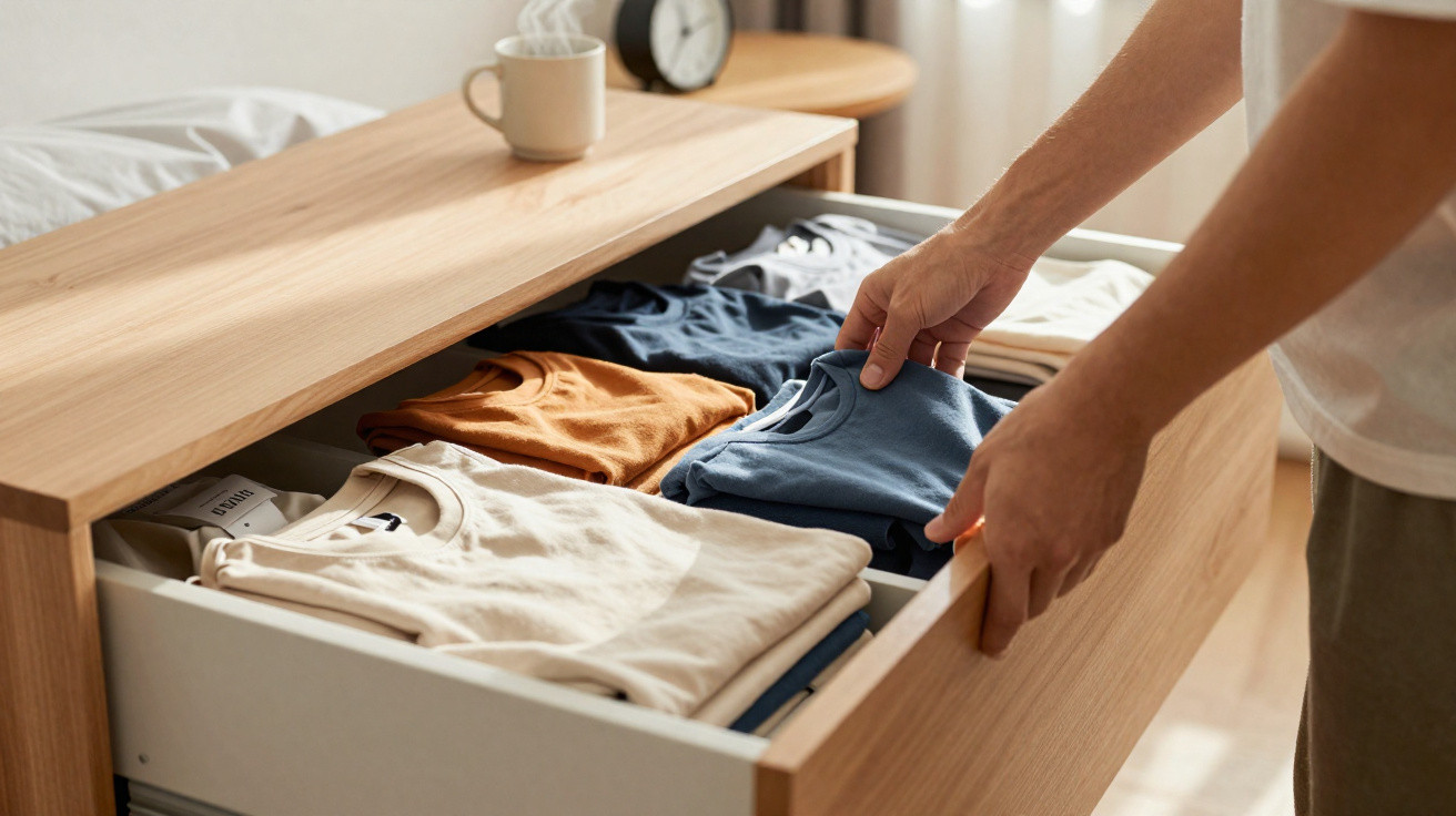 Person organising neatly folded t-shirts in a wooden drawer beside a steaming cup and clock on a bedside table.