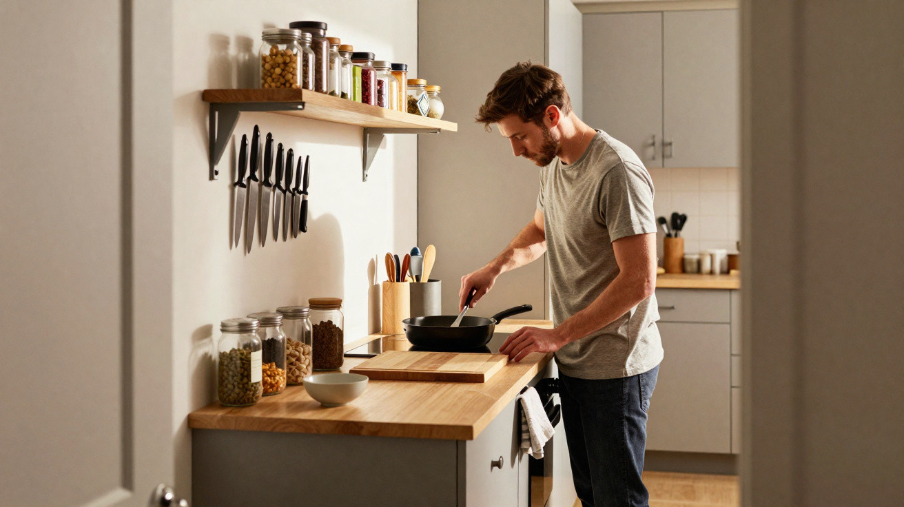 Man cooking in a modern kitchen with jars of spices and knives on the wall, stirring food in a frying pan.