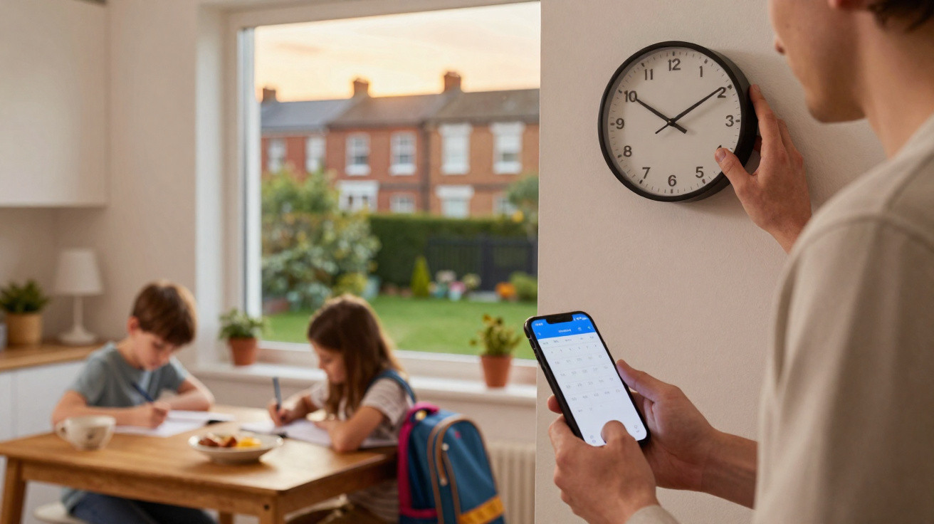 Adult checking the time on a wall clock while children do homework at a kitchen table by a window.