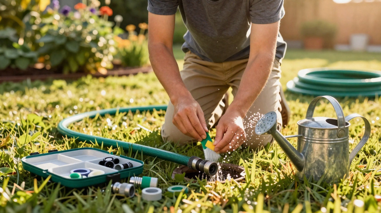 Person fitting a yellow and green hose connector on a garden hose in a sunny backyard.