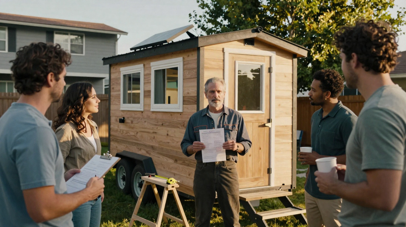 Group of people discussing a tiny wooden house on wheels outdoors in a residential backyard.