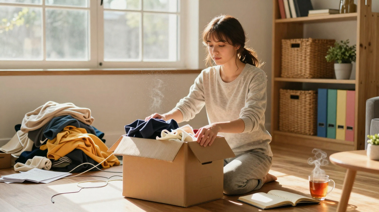 Woman sitting on the floor unpacking a steaming cardboard box with clothes in a sunlit room.