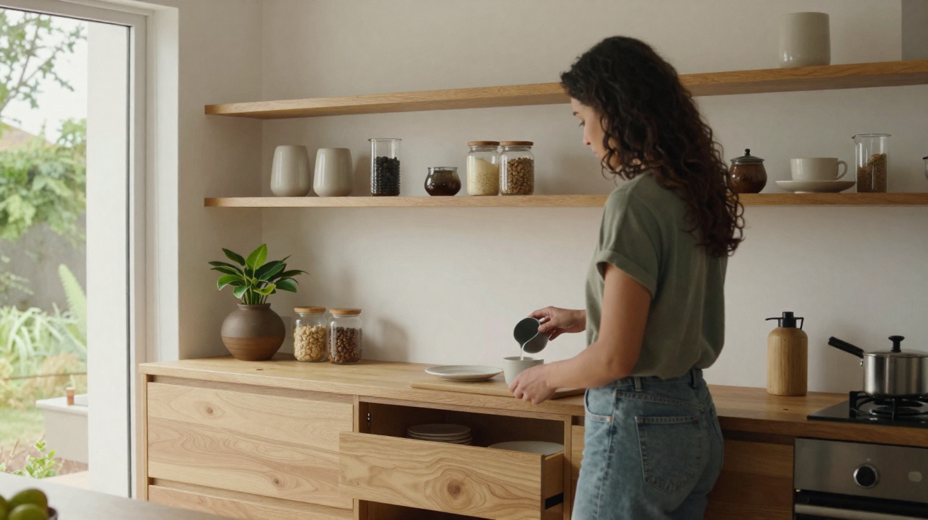 Woman pouring milk into a bowl in a modern kitchen with wooden shelves and natural light from a window.