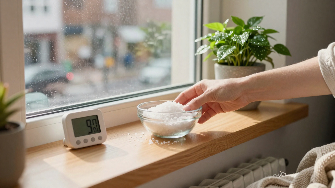 Hand holding a glass bowl of salt on a windowsill with a digital thermometer showing 9°C and potted plants.