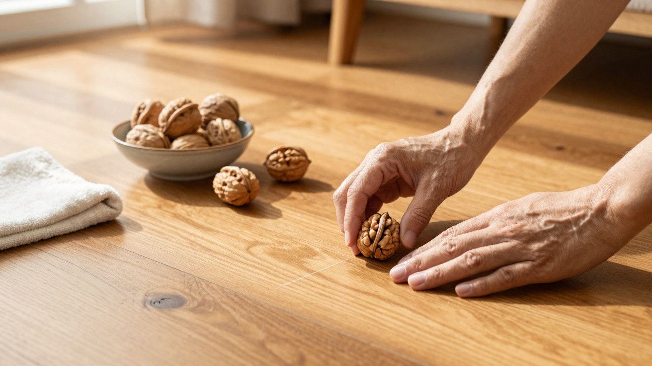 Hands cracking a walnut on a wooden table with a bowl of walnuts and a white cloth nearby.