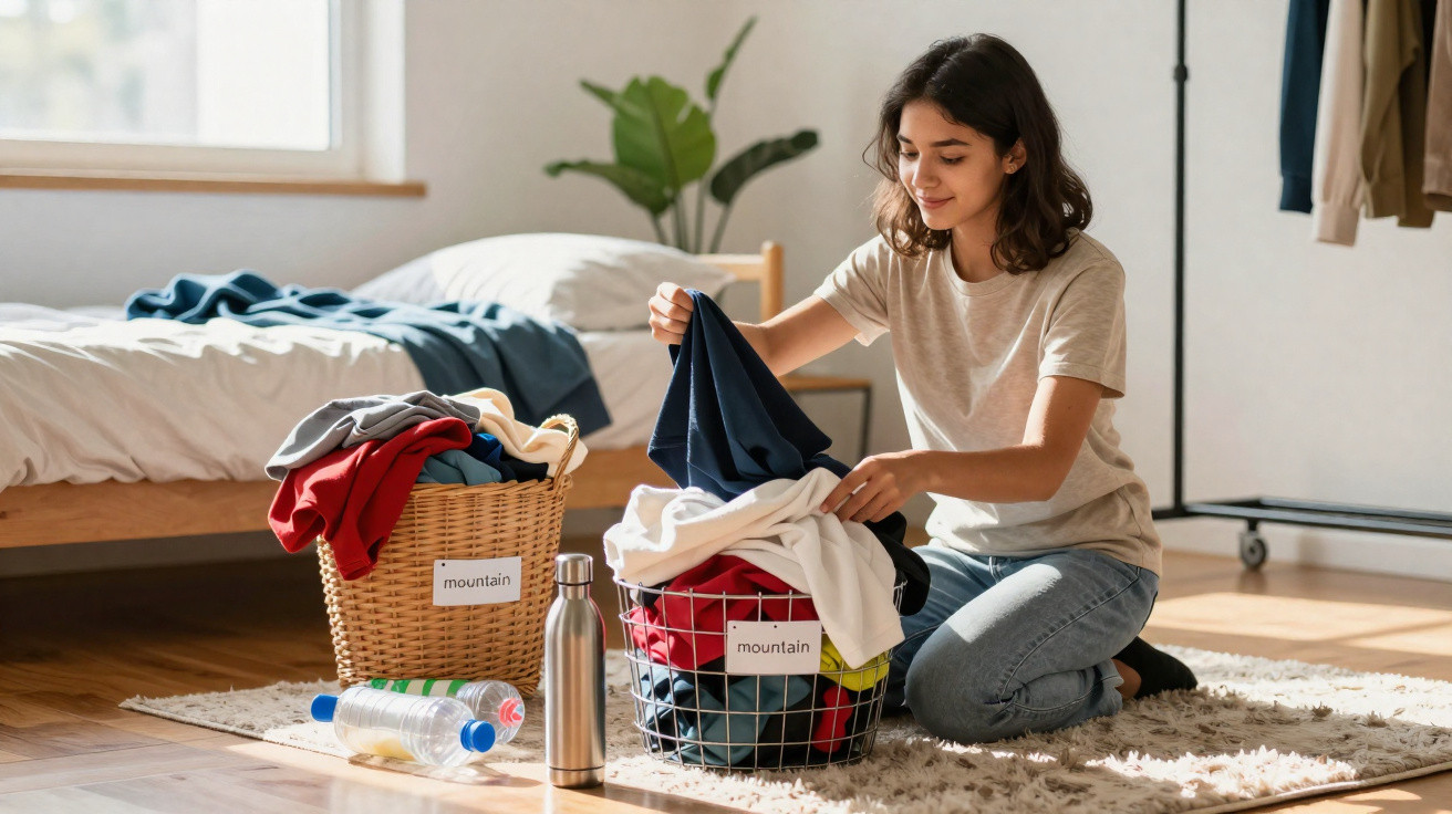 Young woman kneeling by laundry baskets sorting clothes in a bright bedroom with sunlight.