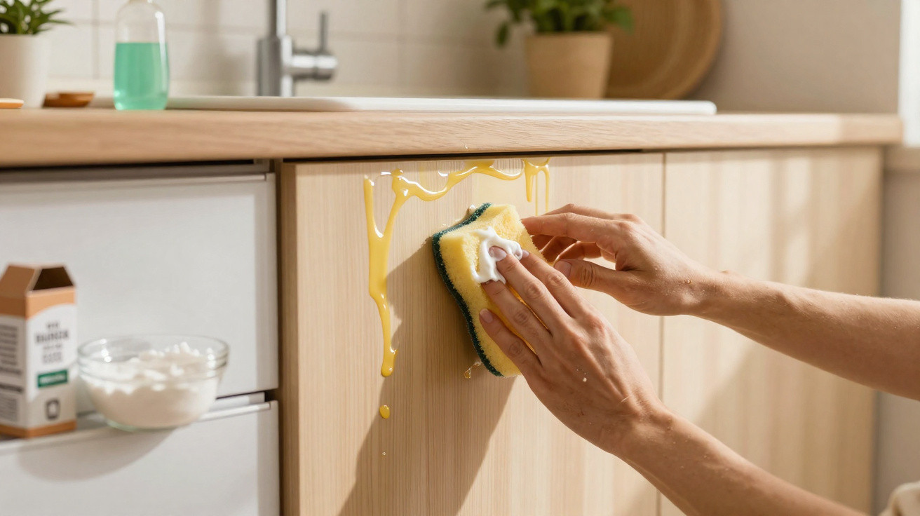 Hands cleaning sticky yellow liquid spill on wooden kitchen cabinet with a sponge near sink and cleaning supplies.
