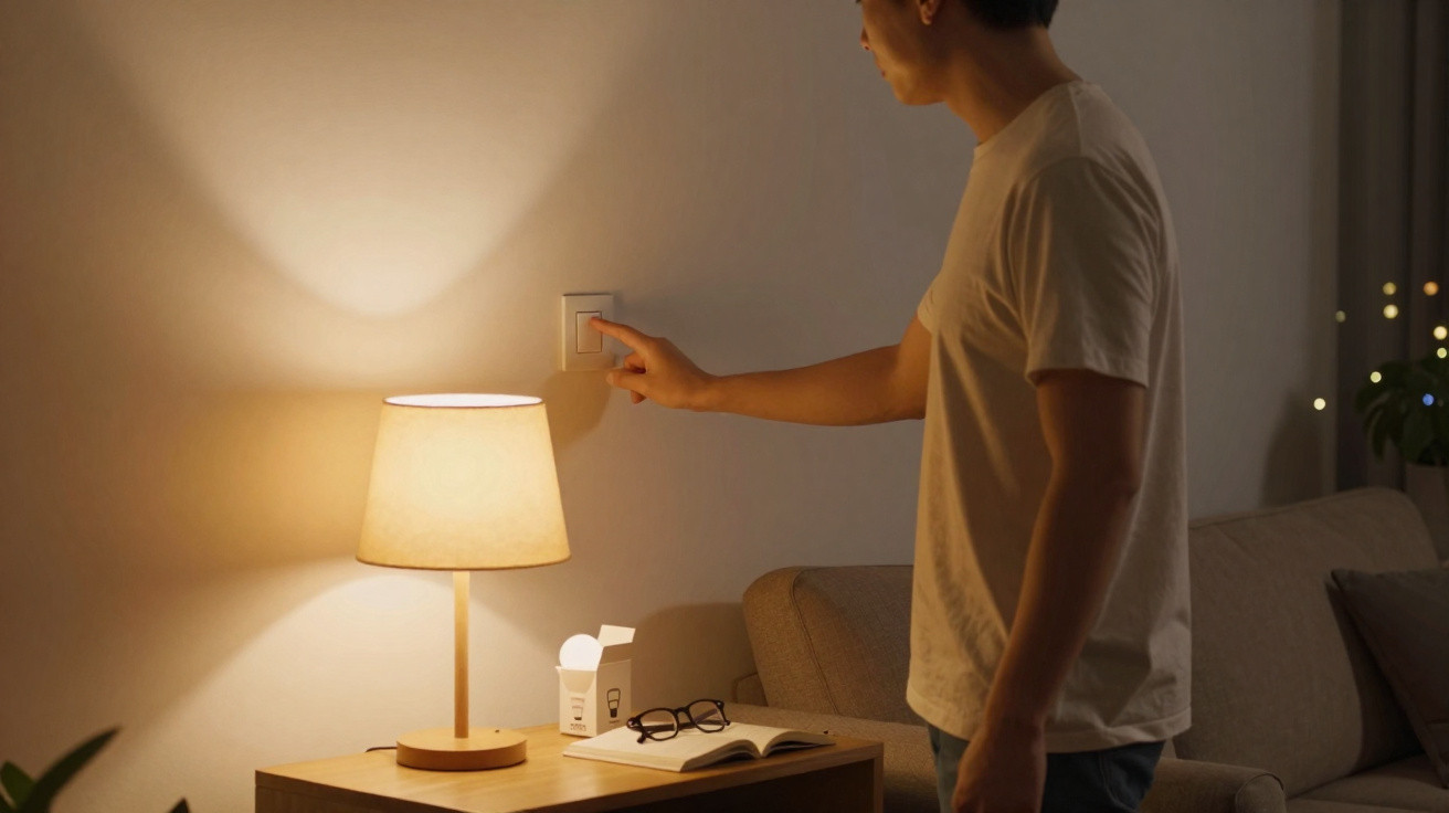 Person in white t-shirt turning off a bedside lamp next to a sofa in a dimly lit room.