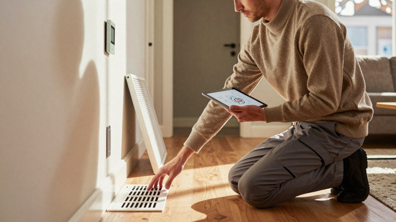 Man kneeling on wooden floor checking a house vent while holding a tablet displaying temperature control.