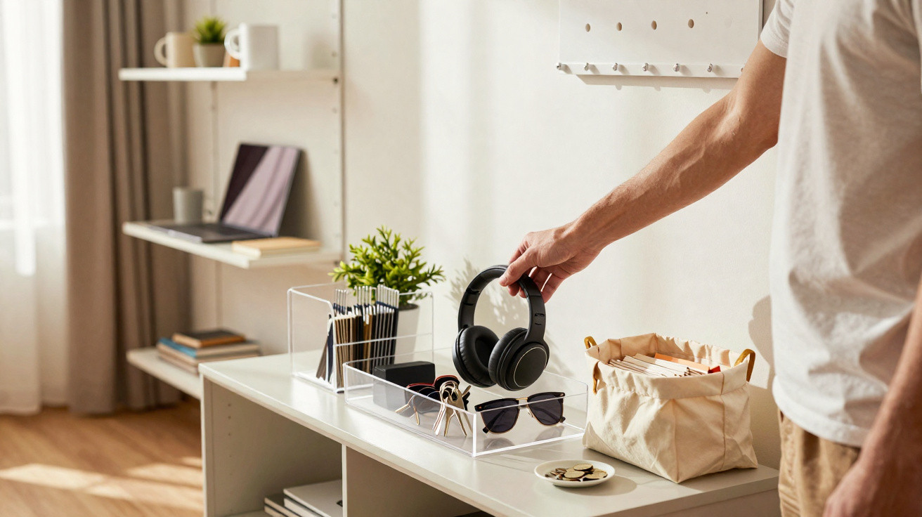 Person placing black headphones into a clear organiser on a white desk with books and plants nearby.
