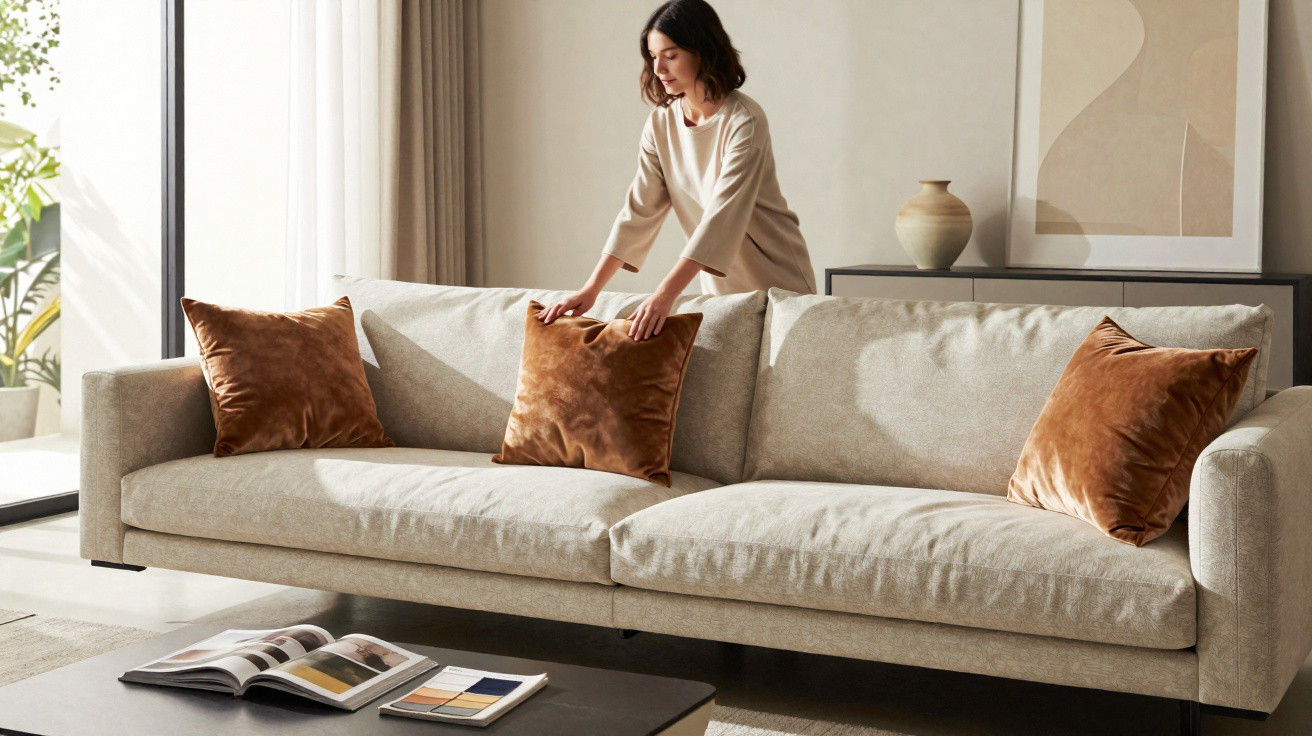 Woman arranging brown cushions on a large beige sofa in a bright, modern living room.
