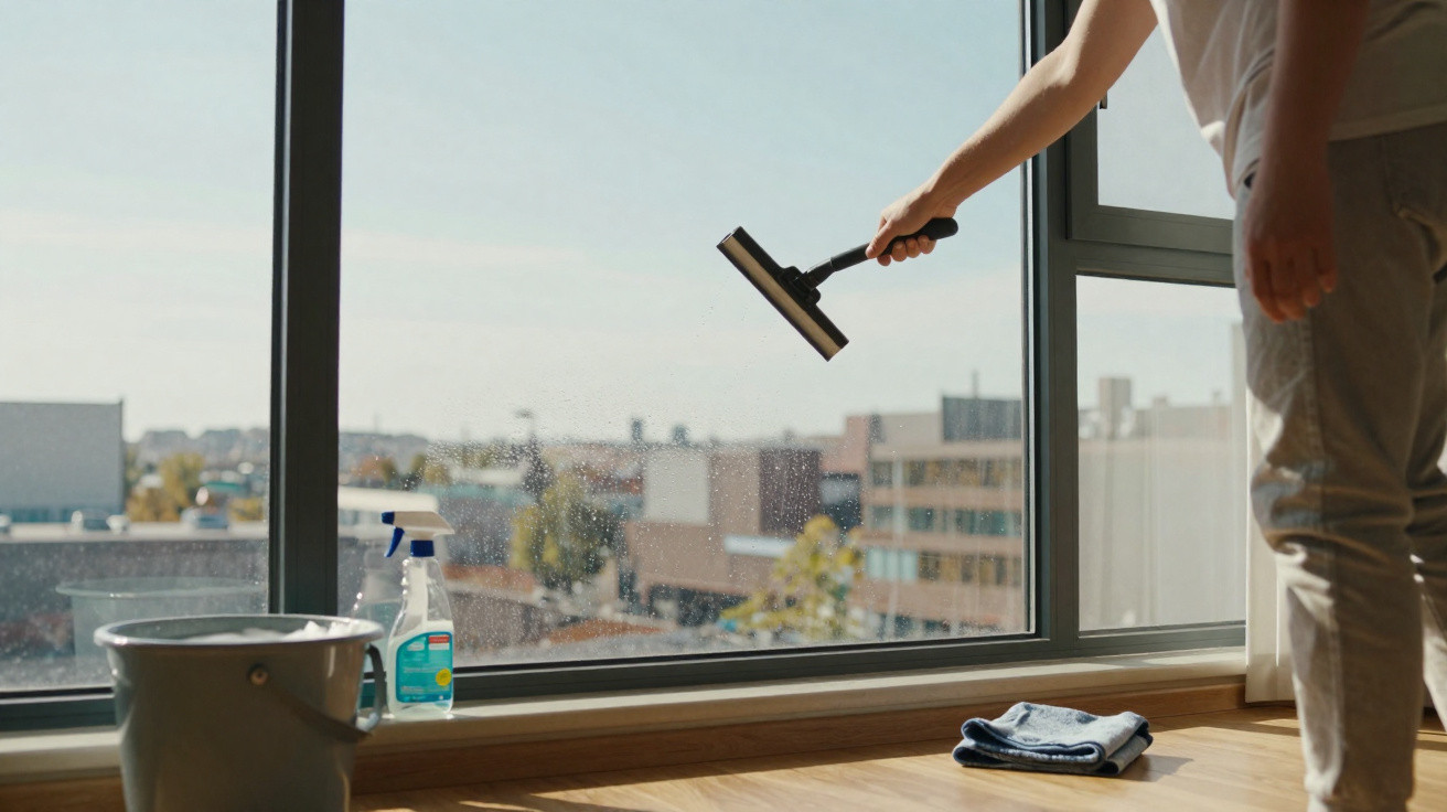 Person cleaning a large window with a squeegee, with cleaning spray, cloth, and bucket nearby on wooden floor.
