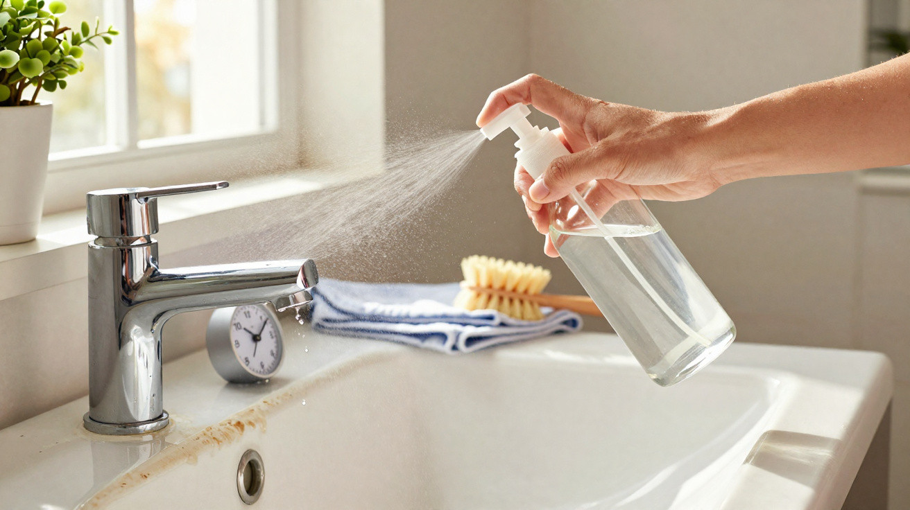 Hand spraying cleaning solution onto a bathroom sink faucet with a brush and cloth nearby.