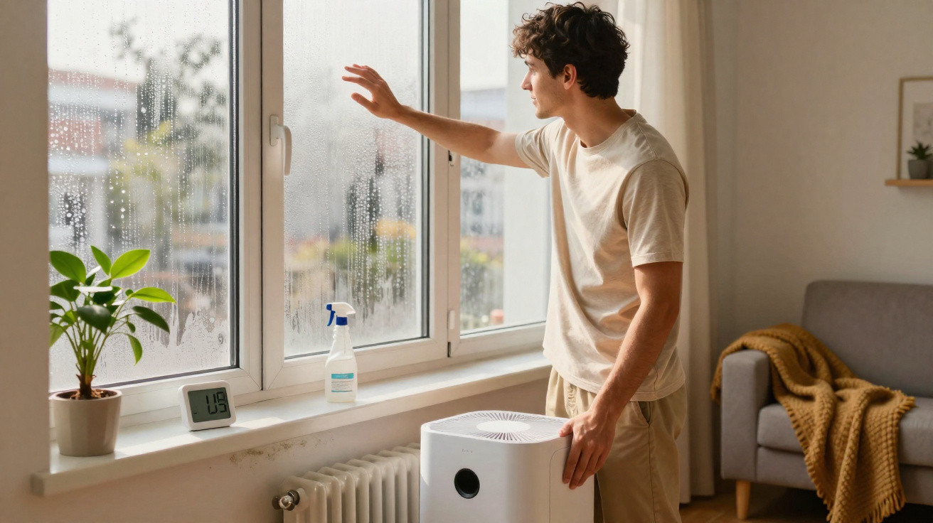 Young man adjusting a dehumidifier near a condensation-covered window in a living room.