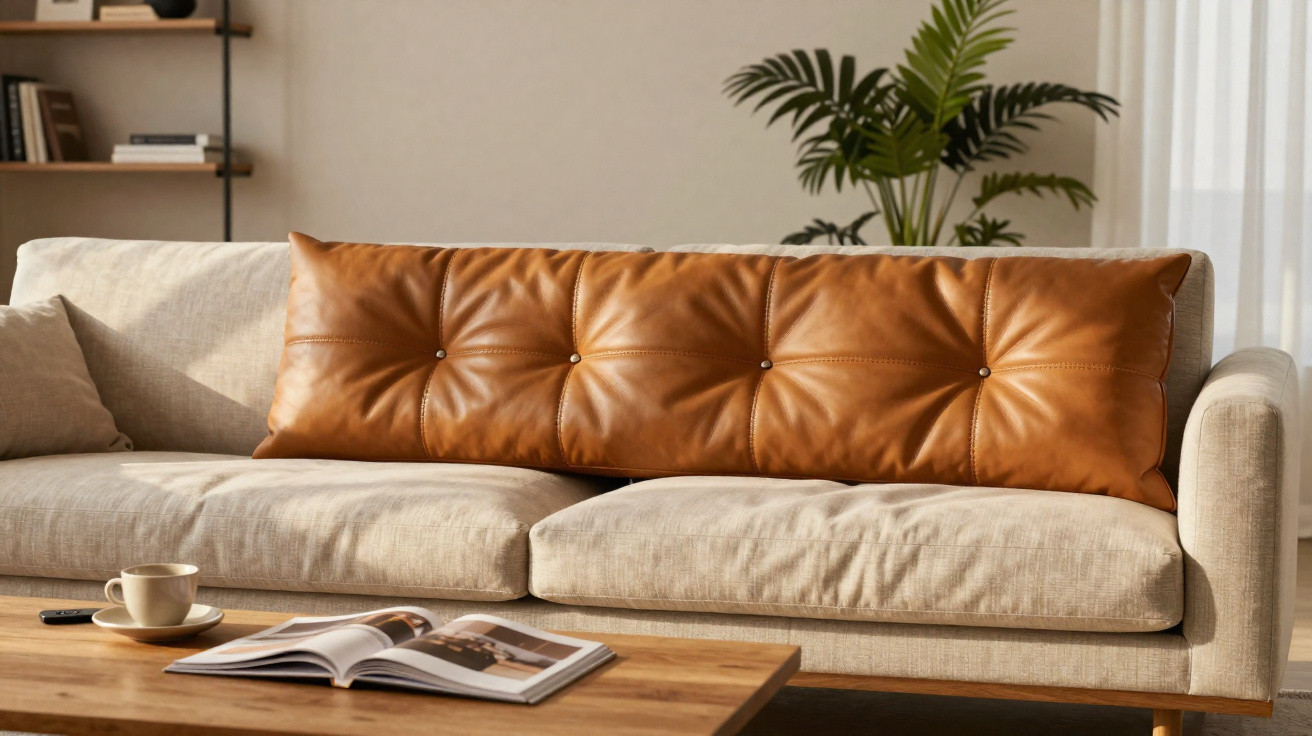 Beige fabric sofa with large brown leather cushion, wooden coffee table with open magazine and coffee cup in bright living ro