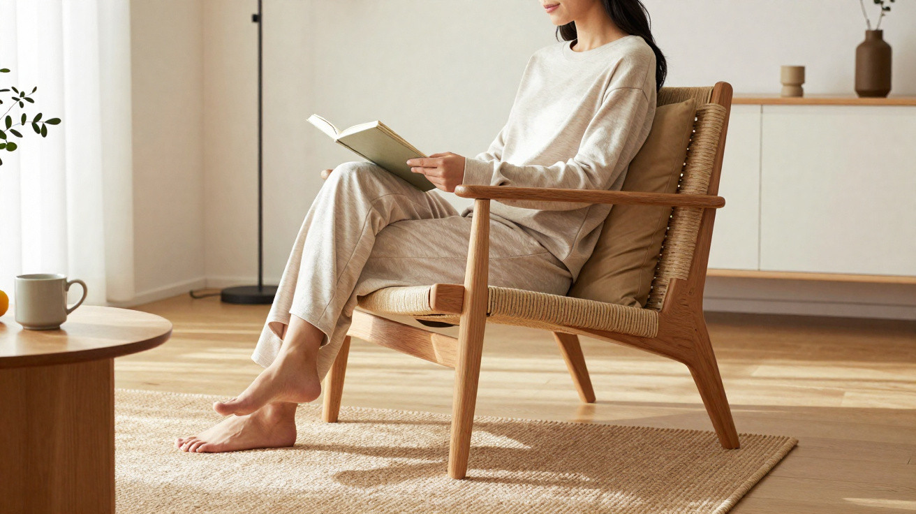 Woman relaxing barefoot in beige loungewear, reading a book in a wooden chair in a bright living room.
