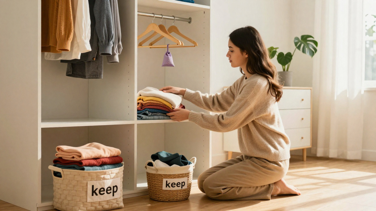 Woman kneeling and organising folded clothes on shelves in a bright, tidy room next to labelled baskets.