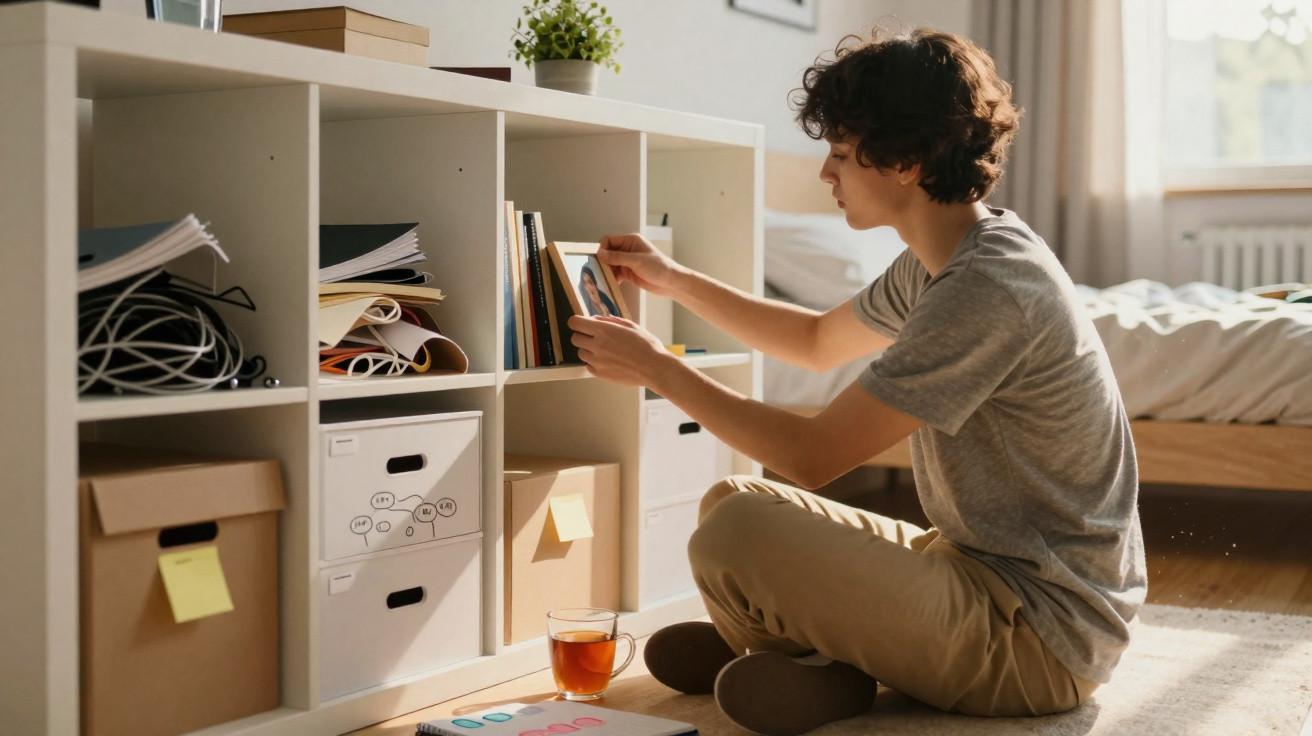 Young person sitting on the floor organising books and photos on a white shelf in a sunlit bedroom.