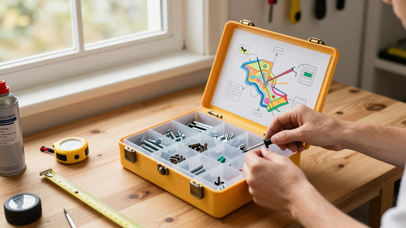 Person's hands organising screws and fasteners in a yellow compartment box on a wooden table near a window