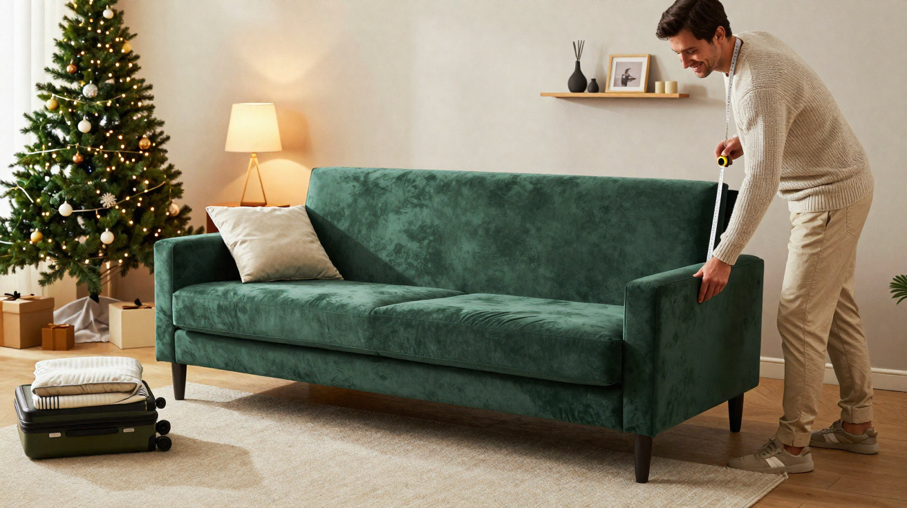 Man measuring a green velvet sofa in a living room decorated for Christmas with a tree and wrapped gifts.