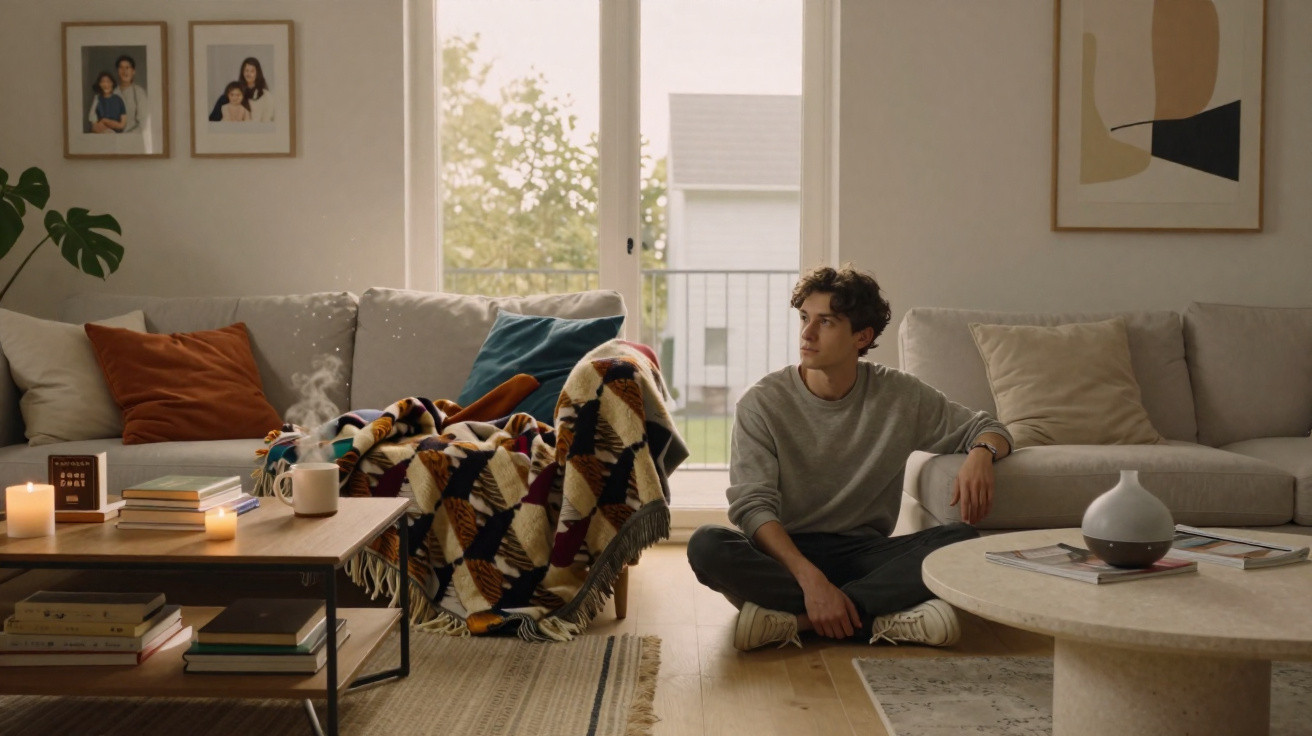 Young man sitting cross-legged on a wooden floor in a cozy living room with sofas, cushions and a colourful blanket.