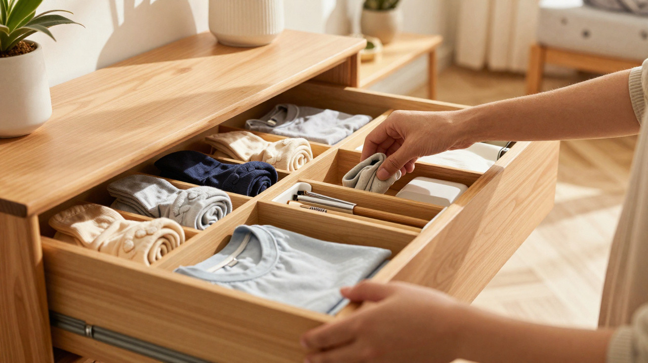 Person organising neatly folded clothes and accessories in a wooden drawer with compartments in a bright room.