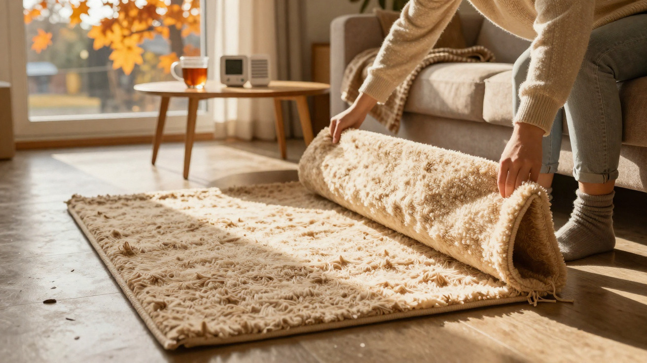 Person rolling up a beige textured rug on a wooden floor in a sunlit living room with autumn decor.