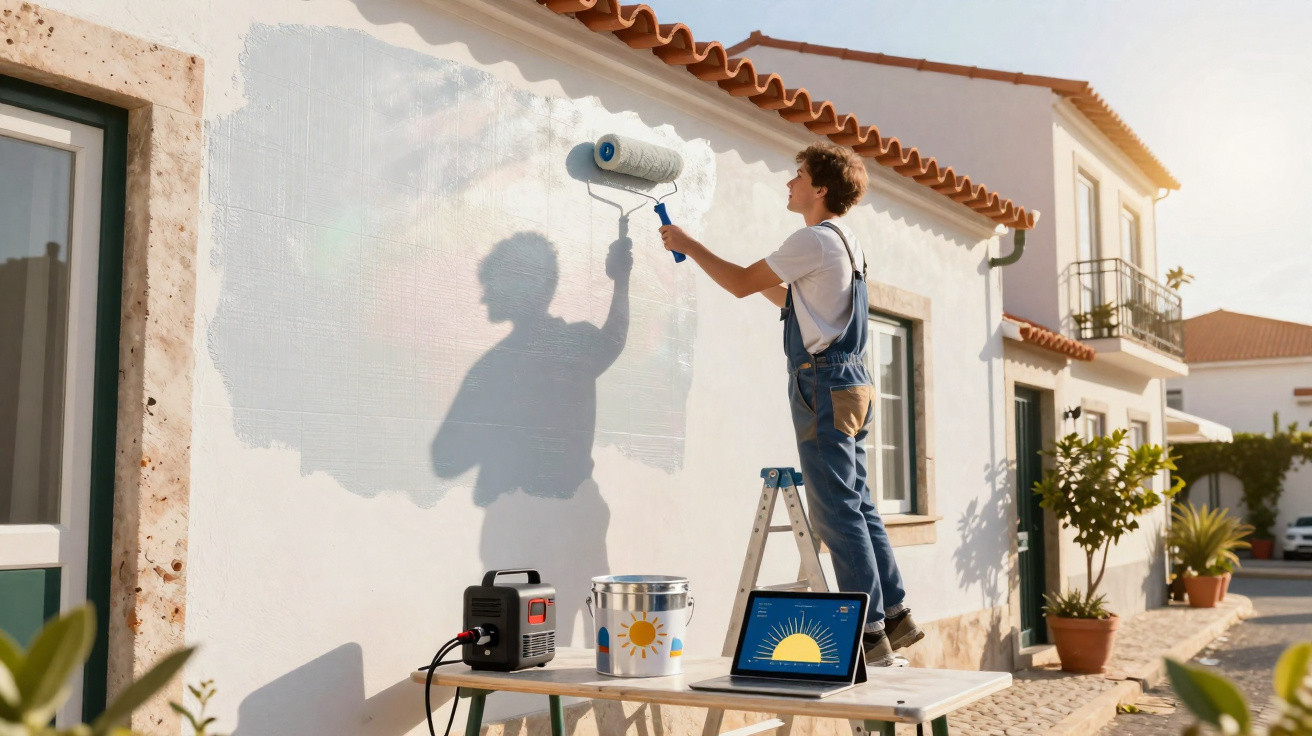 Person on ladder painting a white wall outdoors with sunlight and plants around a Mediterranean-style house.