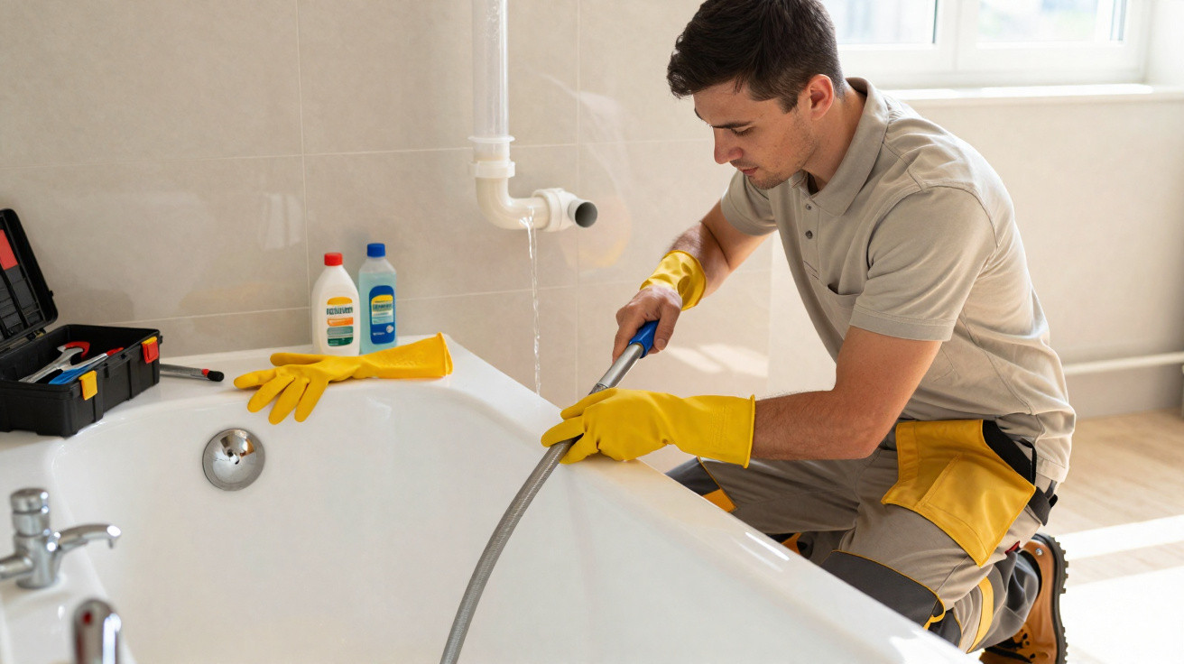 Man wearing yellow gloves using a drain snake to unclog a bathtub in a bathroom.