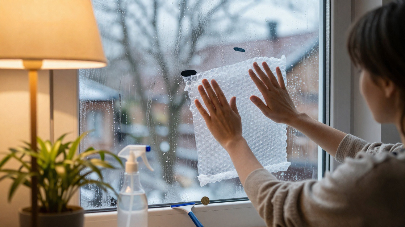 Person applying a bubble wrap sheet to a rainy window from the inside, with a plant and spray bottle nearby.