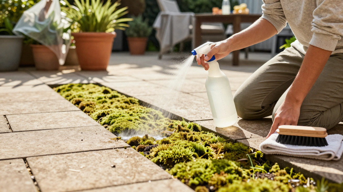Person watering moss and succulents in a narrow garden bed between stone patio tiles outdoors.