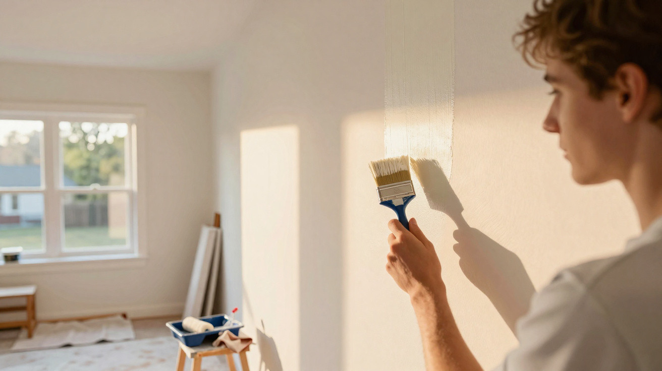Person painting a white wall indoors with a paintbrush in a sunlit, empty room.