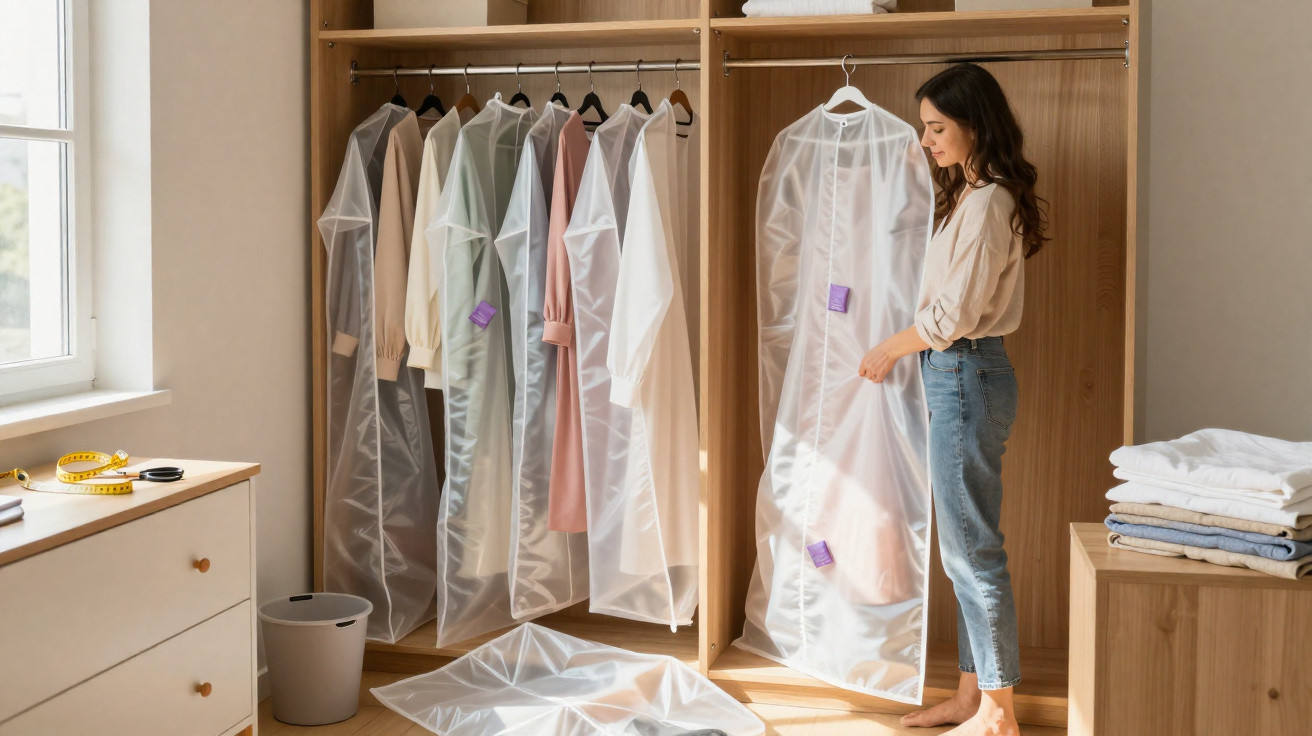 Woman organising clothes in protective covers inside a wooden wardrobe in a sunlit room
