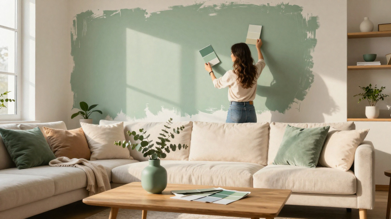 Woman comparing green paint swatches on a lounge wall with a beige sofa and wooden coffee table in the foreground.
