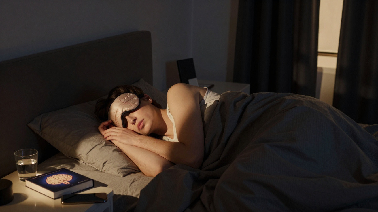 Person sleeping in bed with a sleep mask on, covered by a dark grey blanket, next to a glass of water and book.
