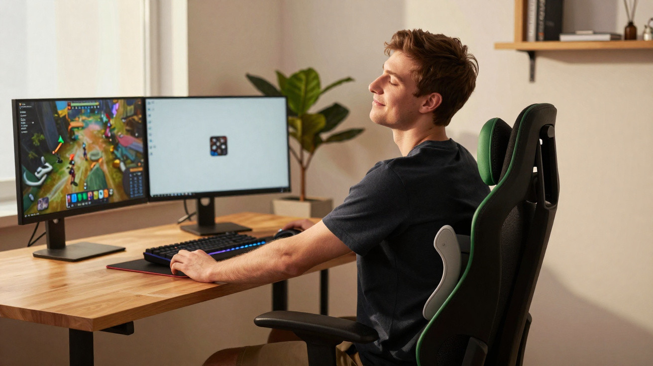 Young man relaxing in an ergonomic gaming chair at a desk with dual monitors, one displaying a video game.