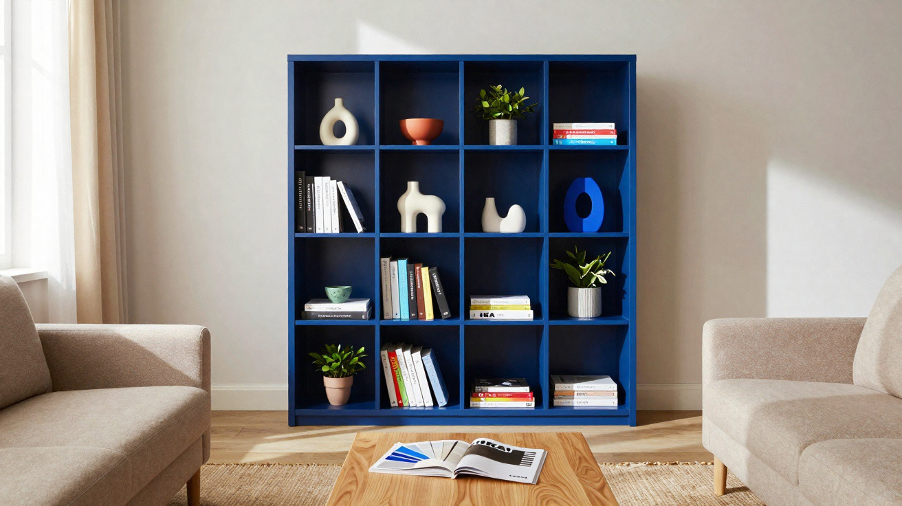 Blue shelving unit with books, plants, and decorative objects between two beige sofas in a bright living room.