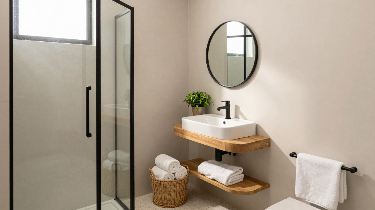 Minimalist bathroom with glass shower, wooden floating sink shelves, round mirror, potted plant, and rolled white towels.