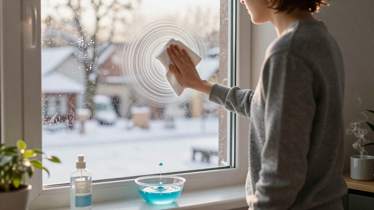 Person cleaning a window with a cloth and blue liquid in a bowl on the windowsill on a snowy day outside.