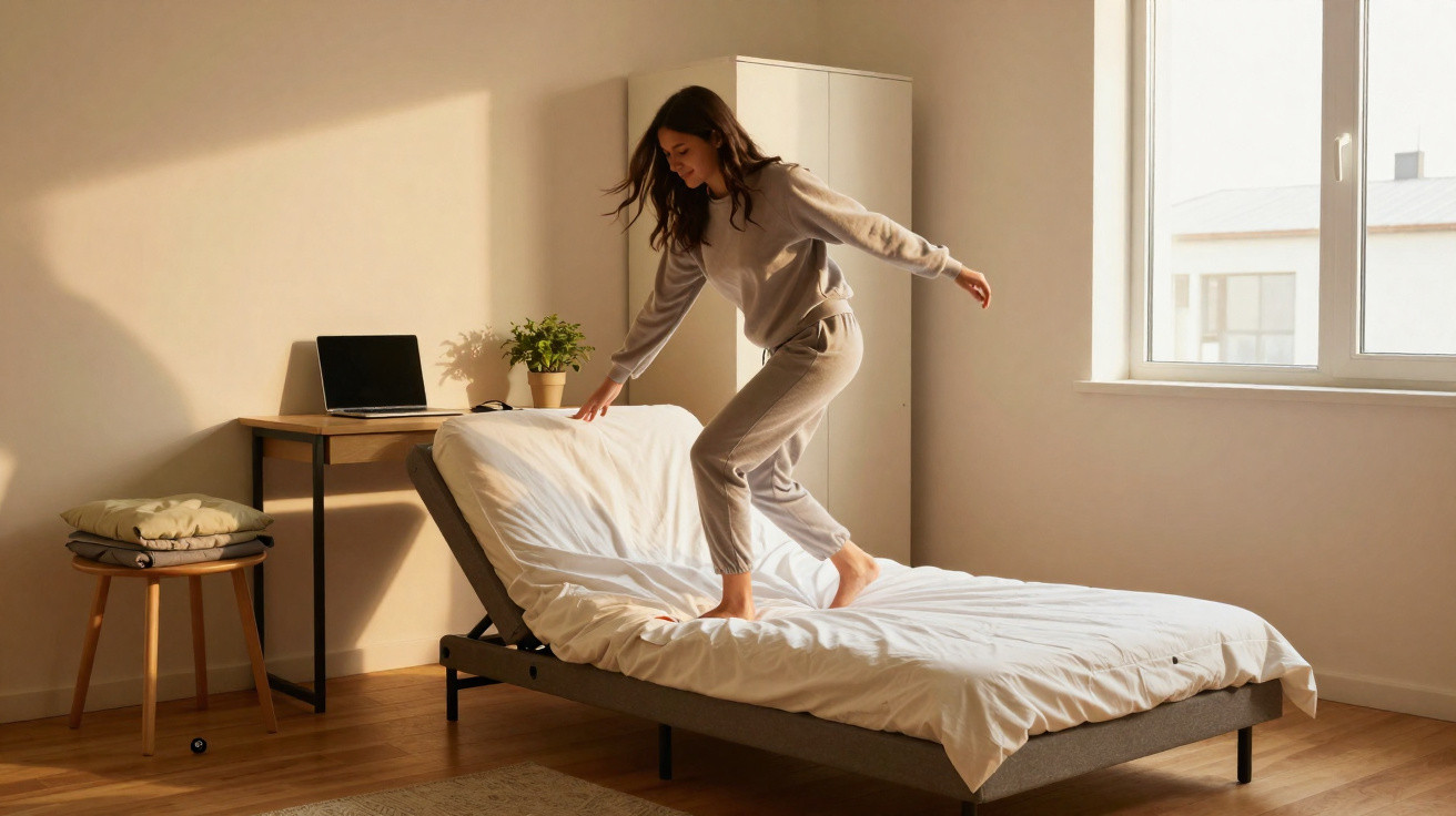 Woman in grey loungewear jumping on a raised bed in a bright, minimalist bedroom with wooden floor.