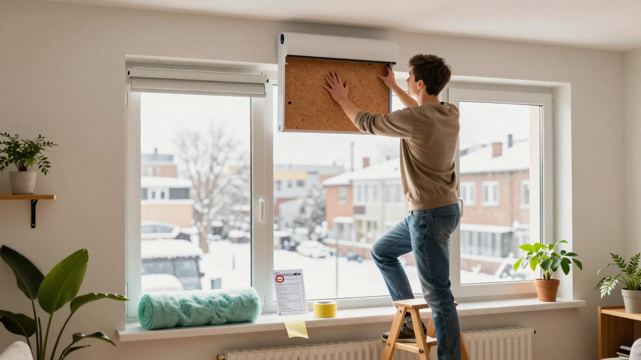Person standing on a ladder fixing a roller blind with a corkboard in a bright room with large windows.