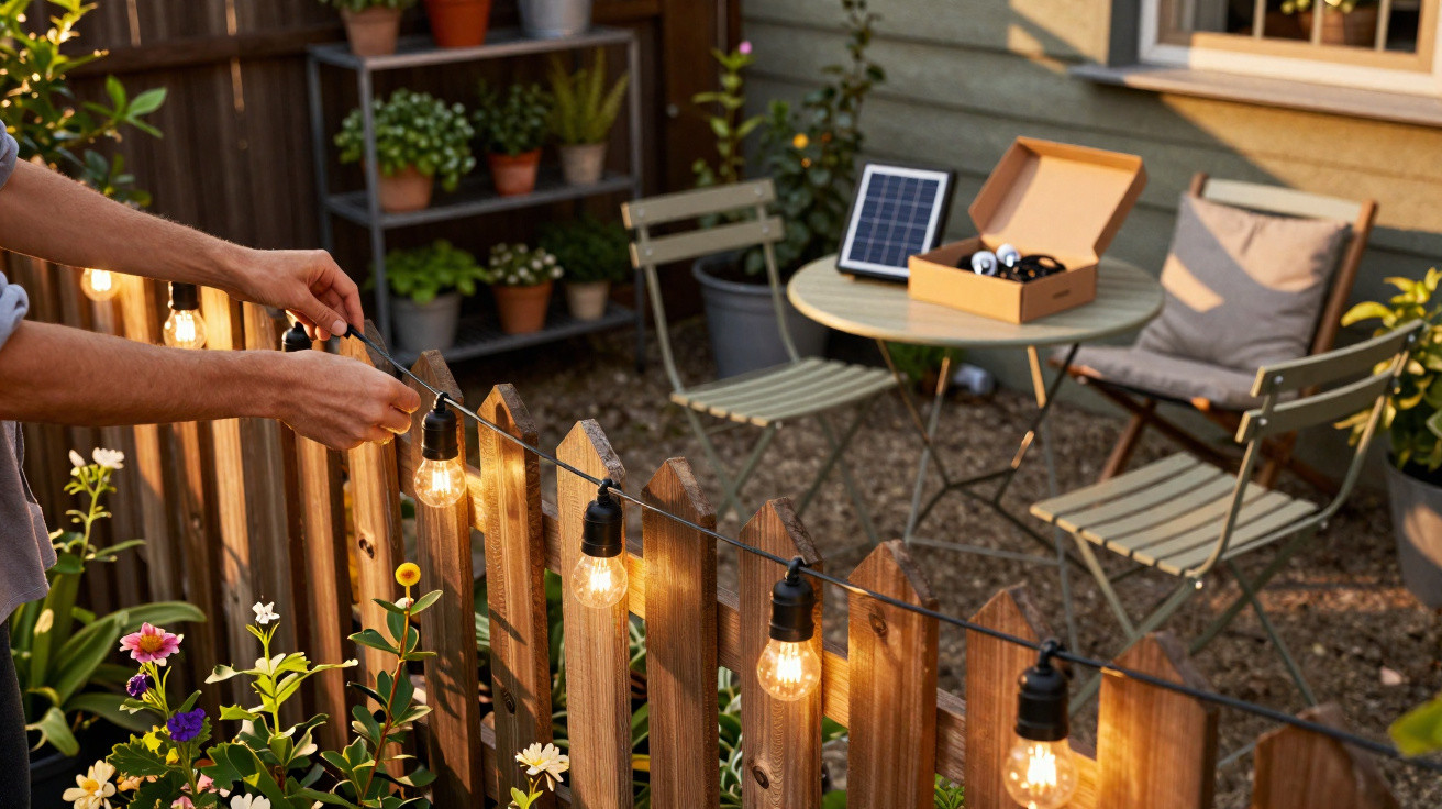 Person hanging warm string lights on a wooden garden fence near a small outdoor table with chairs.