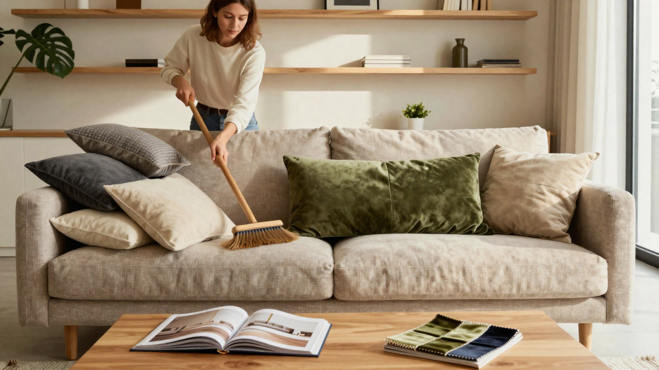 Woman sweeping beige sofa with multiple cushions in a bright, modern living room with wooden shelves.
