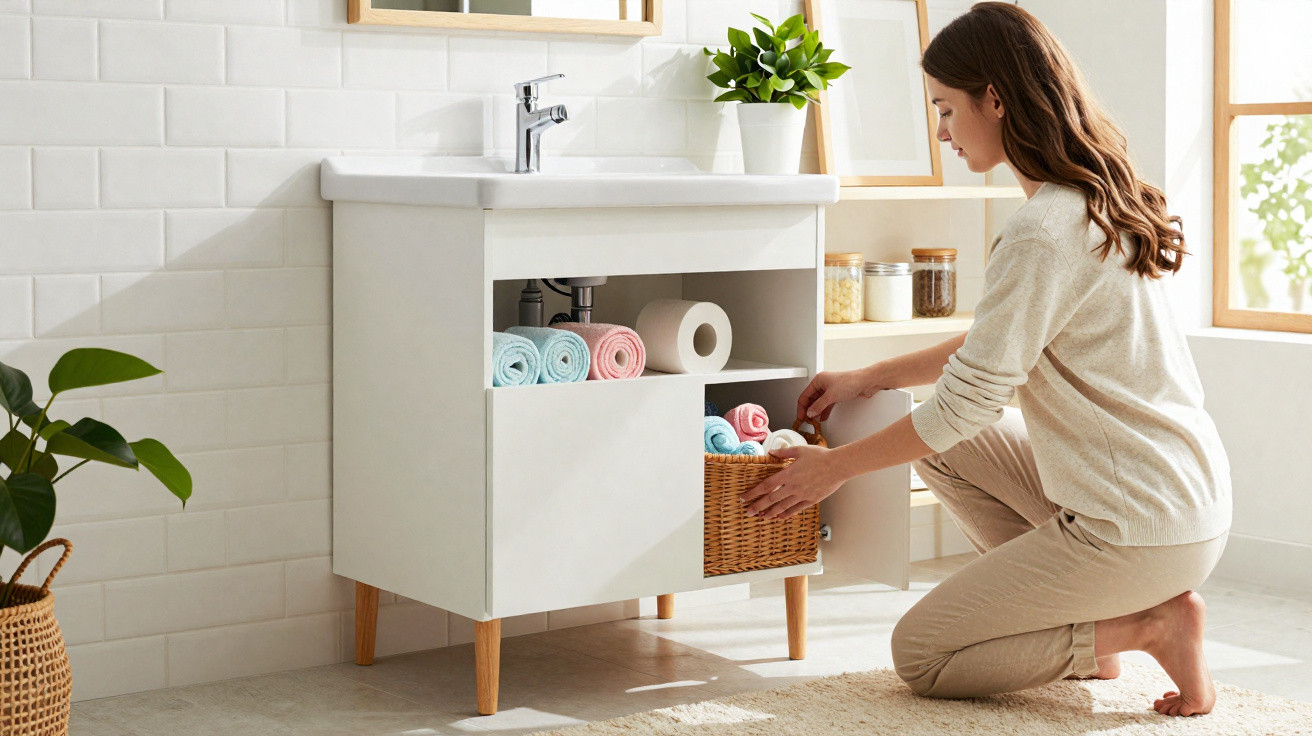 Woman organising towels in a wicker basket under a white bathroom sink with wooden legs and plants nearby.