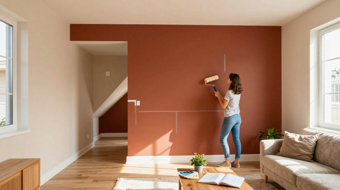 Woman painting a terracotta feature wall in a bright, modern living room with wooden flooring and neutral furniture.