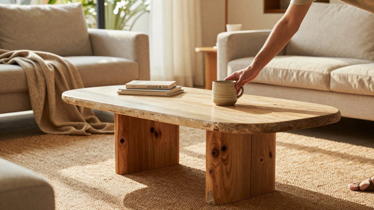 Hand placing a mug on a wooden coffee table in a cosy living room with beige sofas and a woven rug.