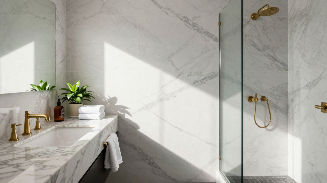 Bright bathroom with marble walls, gold fixtures, glass shower, and a small plant on the marble countertop.